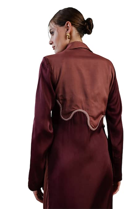 Shop Orthodox Wine Satin Embroidery Collared Romanesque Eleganza Dress Shop_Orthodox_Wine Satin Embroidery Collared Romanesque Eleganza Dress