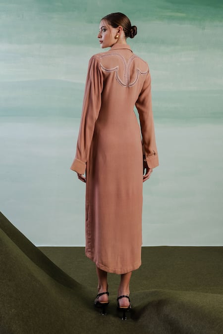 Shop Orthodox Pink Crepe Embroidery Collared Solid Aari Shirt Dress at Aza Fashions Shop_Orthodox_Pink Crepe Embroidery Collared Solid Aari Shirt Dress _at_Aza_Fashions