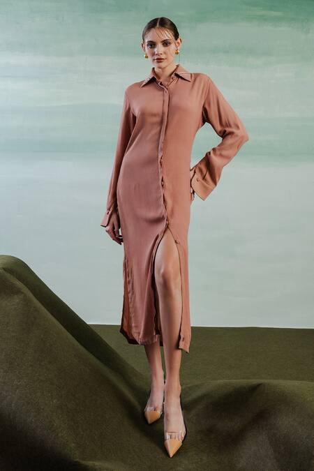 Orthodox Pink Crepe Embroidery Collared Solid Aari Shirt Dress Online at Aza Fashions Orthodox_Pink Crepe Embroidery Collared Solid Aari Shirt Dress _Online_at_Aza_Fashions