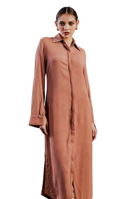 Buy Orthodox Pink Crepe Embroidery Collared Solid Aari Shirt Dress Online at Aza Fashions Buy_Orthodox_Pink Crepe Embroidery Collared Solid Aari Shirt Dress _Online_at_Aza_Fashions