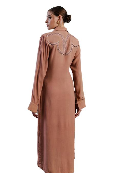 Shop Orthodox Pink Crepe Embroidery Collared Solid Aari Shirt Dress Online at Aza Fashions Shop_Orthodox_Pink Crepe Embroidery Collared Solid Aari Shirt Dress _Online_at_Aza_Fashions