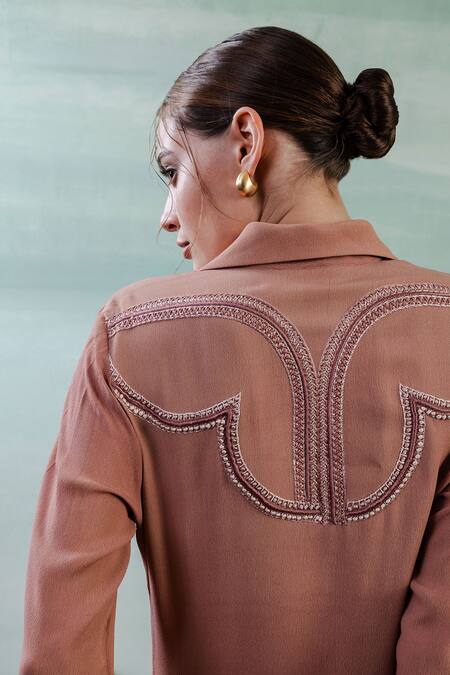 Orthodox Pink Crepe Embroidery Collared Solid Aari Shirt Dress at Aza Fashions Orthodox_Pink Crepe Embroidery Collared Solid Aari Shirt Dress _at_Aza_Fashions