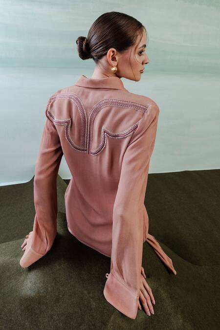 Buy Orthodox Pink Crepe Embroidery Collared Solid Aari Shirt Dress Buy_Orthodox_Pink Crepe Embroidery Collared Solid Aari Shirt Dress