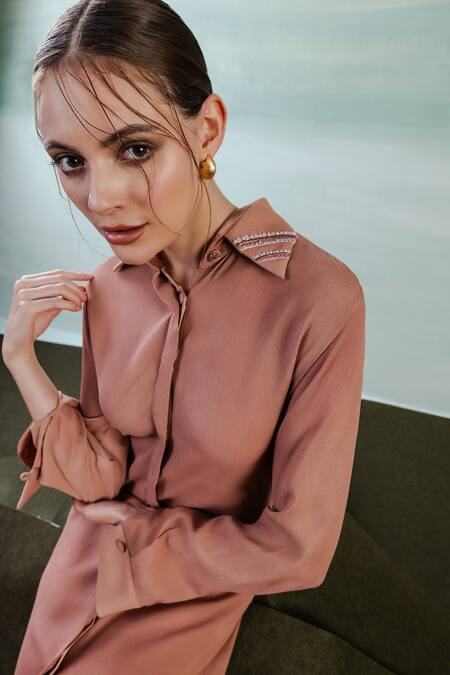 Shop Orthodox Pink Crepe Embroidery Collared Solid Aari Shirt Dress Shop_Orthodox_Pink Crepe Embroidery Collared Solid Aari Shirt Dress