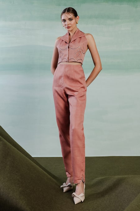 Shop Orthodox Pink Satin Embroidery Collared Aurelian Elegance Vest Jacket at Aza Fashions Shop_Orthodox_Pink Satin Embroidery Collared Aurelian Elegance Vest Jacket _at_Aza_Fashions