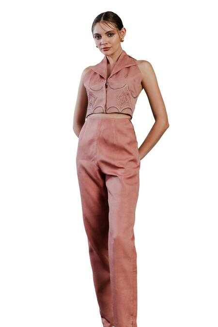 Orthodox Pink Satin Embroidery Collared Aurelian Elegance Vest Jacket Online at Aza Fashions Orthodox_Pink Satin Embroidery Collared Aurelian Elegance Vest Jacket _Online_at_Aza_Fashions