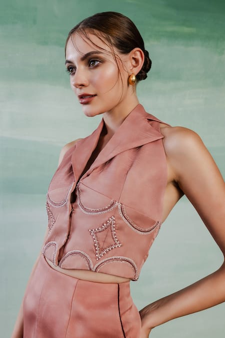 Shop Orthodox Pink Satin Embroidery Collared Aurelian Elegance Vest Jacket Online at Aza Fashions Shop_Orthodox_Pink Satin Embroidery Collared Aurelian Elegance Vest Jacket _Online_at_Aza_Fashions