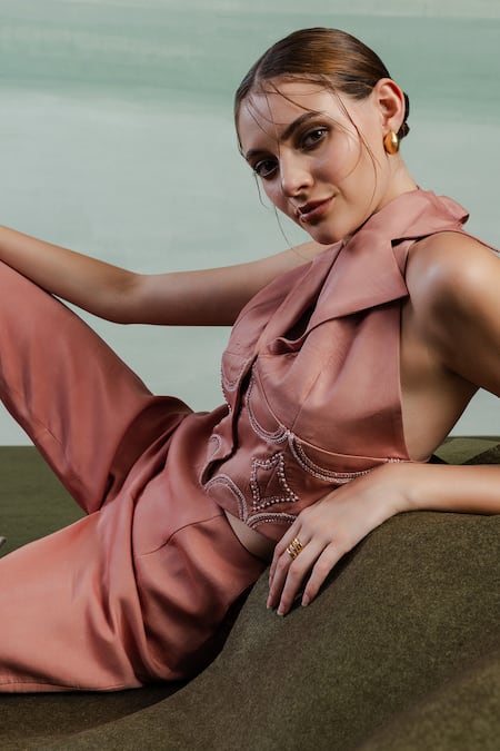 Orthodox Pink Satin Embroidery Collared Aurelian Elegance Vest Jacket at Aza Fashions Orthodox_Pink Satin Embroidery Collared Aurelian Elegance Vest Jacket _at_Aza_Fashions