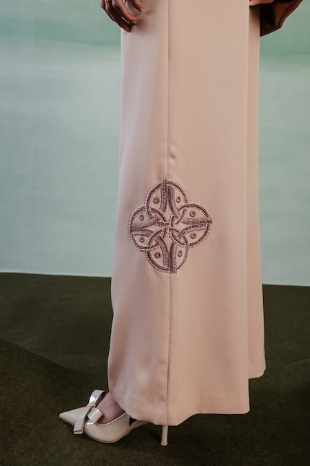 Shop Orthodox Pink Crepe Embroidery Aari Imperium Elegante Flared Trouser at Aza Fashions Shop_Orthodox_Pink Crepe Embroidery Aari Imperium Elegante Flared Trouser _at_Aza_Fashions