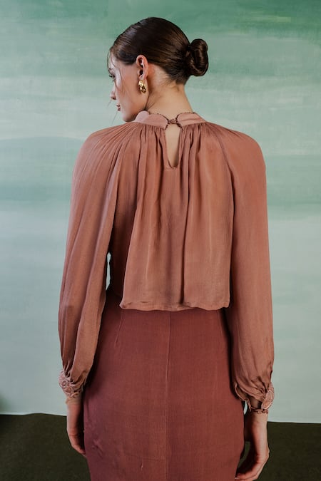 Shop_Orthodox_Pink Silk Embroidery Aari High Neck Imperial Gathered Top _at_Aza_Fashions