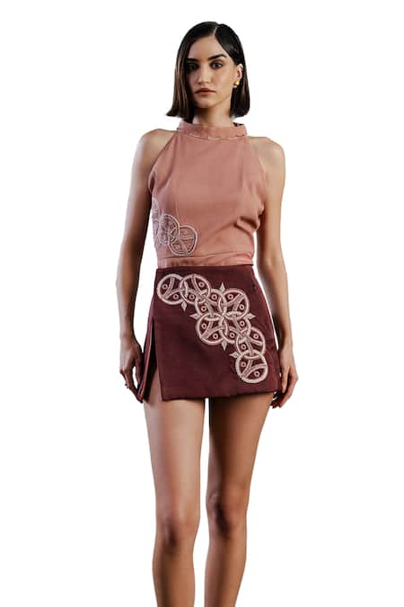 Orthodox_Brown Satin Embroidery Aari Halter Neck Top _Online_at_Aza_Fashions