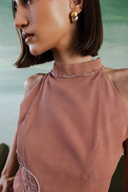 Buy_Orthodox_Brown Satin Embroidery Aari Halter Neck Top _Online_at_Aza_Fashions