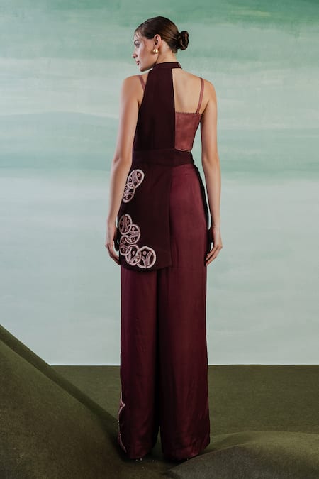 Shop Orthodox Wine Crepe Embroidery Aari Asymmetric Aurelian Helix Work Elegance Half Jacket at Aza Fashions Shop_Orthodox_Wine Crepe Embroidery Aari Asymmetric Aurelian Helix Work Elegance Half Jacket _at_Aza_Fashions