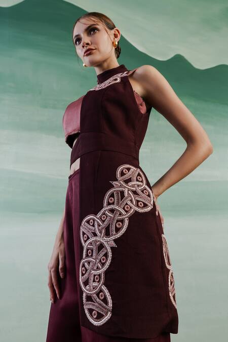 Shop Orthodox Wine Crepe Embroidery Aari Asymmetric Aurelian Helix Work Elegance Half Jacket Online at Aza Fashions Shop_Orthodox_Wine Crepe Embroidery Aari Asymmetric Aurelian Helix Work Elegance Half Jacket _Online_at_Aza_Fashions