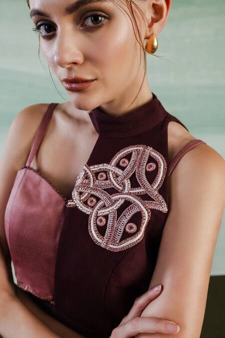 Buy Orthodox Wine Crepe Embroidery Aari Asymmetric Aurelian Helix Work Elegance Half Jacket Buy_Orthodox_Wine Crepe Embroidery Aari Asymmetric Aurelian Helix Work Elegance Half Jacket