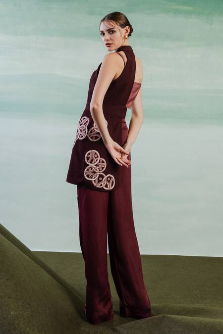 Shop Orthodox Wine Crepe Embroidery Aari Asymmetric Aurelian Helix Work Elegance Half Jacket Shop_Orthodox_Wine Crepe Embroidery Aari Asymmetric Aurelian Helix Work Elegance Half Jacket