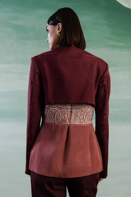 Buy Orthodox Pink Satin Embroidery Aari Open Neck Imperial Aura Over Blazer Buy_Orthodox_Pink Satin Embroidery Aari Open Neck Imperial Aura Over Blazer