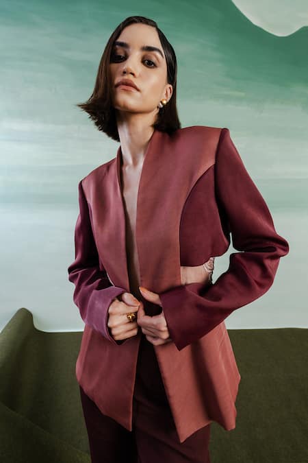 Shop Orthodox Pink Satin Embroidery Aari Open Neck Imperial Aura Over Blazer Shop_Orthodox_Pink Satin Embroidery Aari Open Neck Imperial Aura Over Blazer