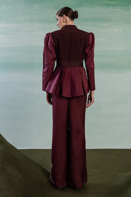 Shop Orthodox Wine Crepe Embroidery Aari High Neck Celtic Trinity Knot Blazer Jacket at Aza Fashions Shop_Orthodox_Wine Crepe Embroidery Aari High Neck Celtic Trinity Knot Blazer Jacket _at_Aza_Fashions