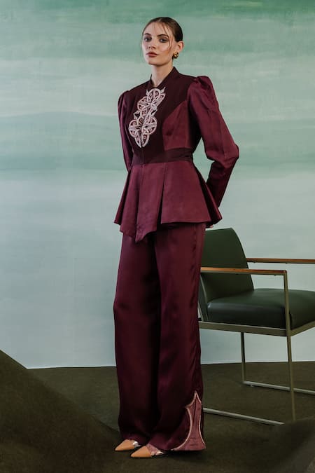 Orthodox Wine Crepe Embroidery Aari High Neck Celtic Trinity Knot Blazer Jacket Online at Aza Fashions Orthodox_Wine Crepe Embroidery Aari High Neck Celtic Trinity Knot Blazer Jacket _Online_at_Aza_Fashions