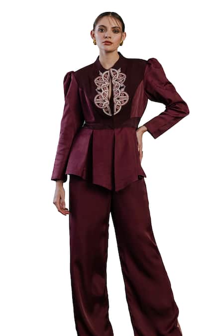Buy Orthodox Wine Crepe Embroidery Aari High Neck Celtic Trinity Knot Blazer Jacket Online at Aza Fashions Buy_Orthodox_Wine Crepe Embroidery Aari High Neck Celtic Trinity Knot Blazer Jacket _Online_at_Aza_Fashions