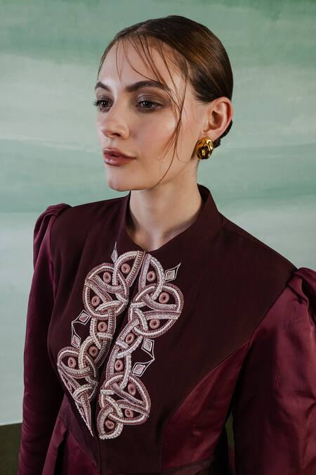 Shop Orthodox Wine Crepe Embroidery Aari High Neck Celtic Trinity Knot Blazer Jacket Online at Aza Fashions Shop_Orthodox_Wine Crepe Embroidery Aari High Neck Celtic Trinity Knot Blazer Jacket _Online_at_Aza_Fashions