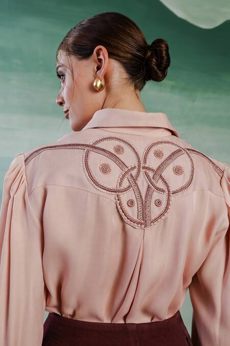 Shop_Orthodox_Pink Satin Embroidery Aari Collar Neck Peasant Sleeves Shirt _at_Aza_Fashions