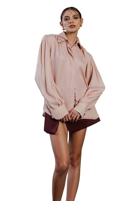 Orthodox_Pink Satin Embroidery Aari Collar Neck Peasant Sleeves Shirt _Online_at_Aza_Fashions