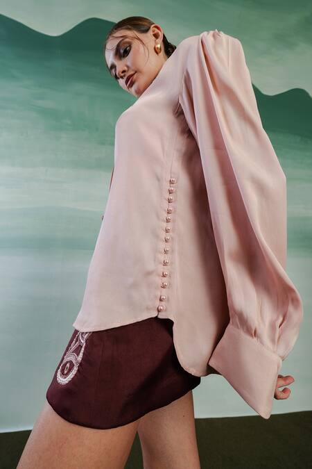 Buy_Orthodox_Pink Satin Embroidery Aari Collar Neck Peasant Sleeves Shirt _Online_at_Aza_Fashions