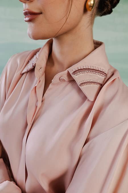 Shop_Orthodox_Pink Satin Embroidery Aari Collar Neck Peasant Sleeves Shirt _Online_at_Aza_Fashions
