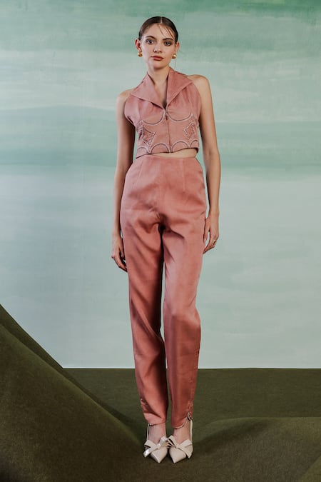 Shop_Orthodox_Pink Satin Embroidery Aari Romanesque Elegance Straight Fit Trouser _at_Aza_Fashions