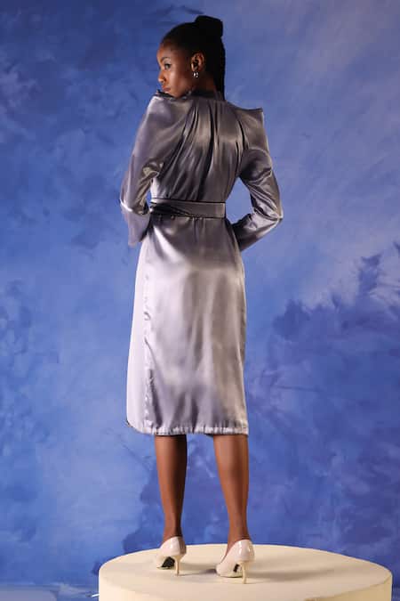 Shop Orthodox Grey Satin Placement Embroidery Mukaish Collared Round Nafisa Draped Dress at Aza Fashions Shop_Orthodox_Grey Satin Placement Embroidery Mukaish Collared Round Nafisa Draped Dress _at_Aza_Fashions