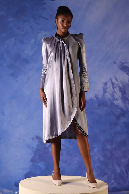 Orthodox Grey Satin Placement Embroidery Mukaish Collared Round Nafisa Draped Dress Online at Aza Fashions Orthodox_Grey Satin Placement Embroidery Mukaish Collared Round Nafisa Draped Dress _Online_at_Aza_Fashions