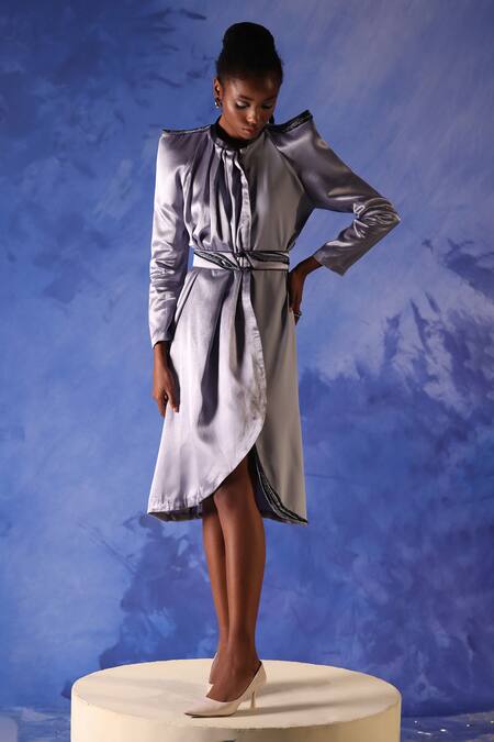 Buy Orthodox Grey Satin Placement Embroidery Mukaish Collared Round Nafisa Draped Dress Online at Aza Fashions Buy_Orthodox_Grey Satin Placement Embroidery Mukaish Collared Round Nafisa Draped Dress _Online_at_Aza_Fashions