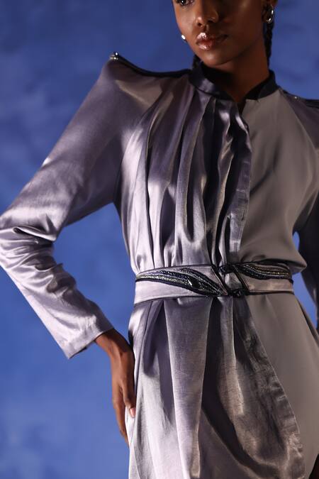 Shop Orthodox Grey Satin Placement Embroidery Mukaish Collared Round Nafisa Draped Dress Online at Aza Fashions Shop_Orthodox_Grey Satin Placement Embroidery Mukaish Collared Round Nafisa Draped Dress _Online_at_Aza_Fashions