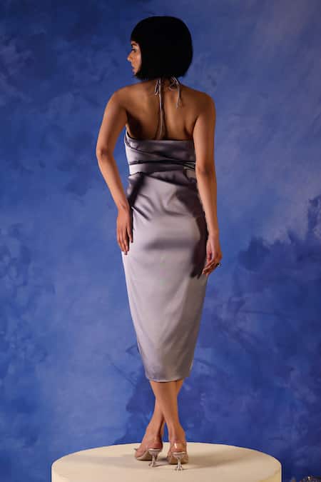 Shop Orthodox Grey Satin Plain Halter Neck Ibis Draped Dress at Aza Fashions Shop_Orthodox_Grey Satin Plain Halter Neck Ibis Draped Dress _at_Aza_Fashions