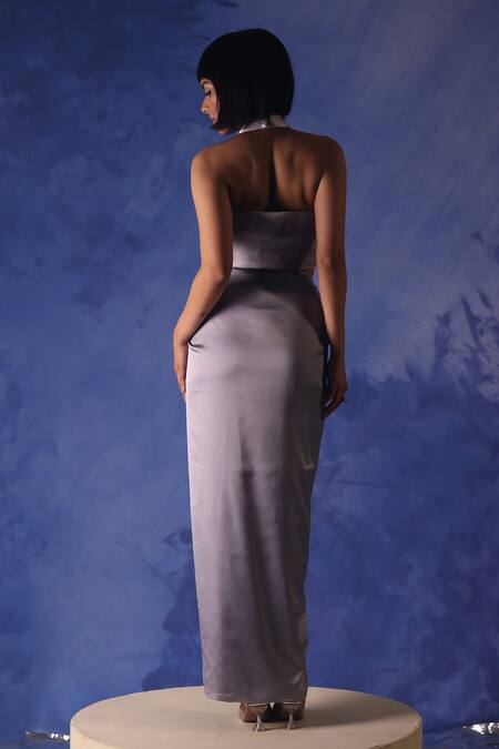 Shop_Orthodox_Grey Satin Plain Draped Skirt _at_Aza_Fashions