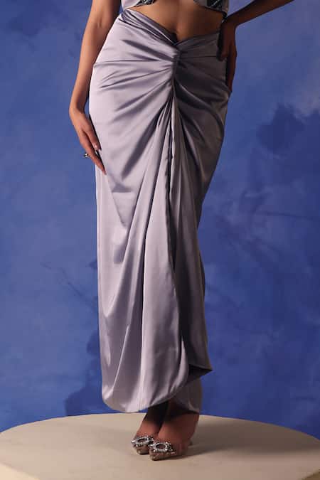 Buy_Orthodox_Grey Satin Plain Draped Skirt _Online_at_Aza_Fashions