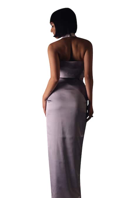 Orthodox_Grey Satin Plain Draped Skirt _at_Aza_Fashions