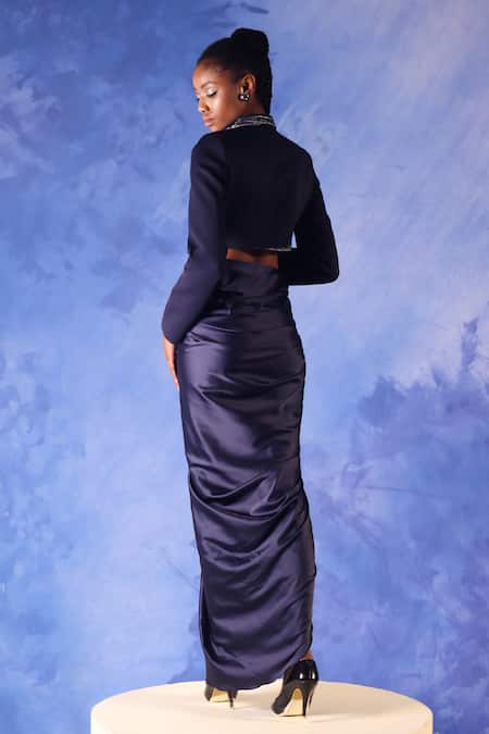 Shop Orthodox Blue Banana Crepe Placement Embroidery Aari Stand Collar Zahra Overlap Jacket at Aza Fashions Shop_Orthodox_Blue Banana Crepe Placement Embroidery Aari Stand Collar Zahra Overlap Jacket _at_Aza_Fashions