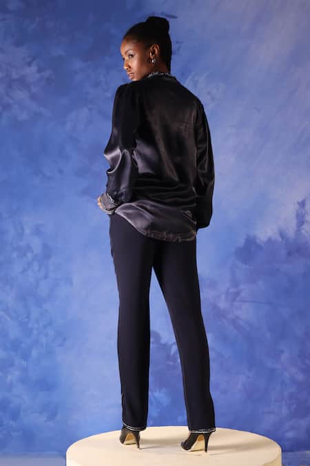 Shop Orthodox Blue Satin Placement Embroidery Aari Notched Collar Chelsea Shirt at Aza Fashions Shop_Orthodox_Blue Satin Placement Embroidery Aari Notched Collar Chelsea Shirt _at_Aza_Fashions