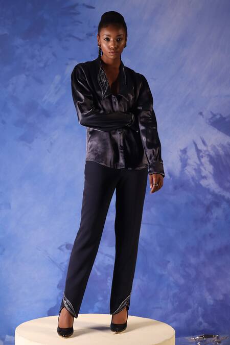 Orthodox Blue Satin Placement Embroidery Aari Notched Collar Chelsea Shirt Online at Aza Fashions Orthodox_Blue Satin Placement Embroidery Aari Notched Collar Chelsea Shirt _Online_at_Aza_Fashions