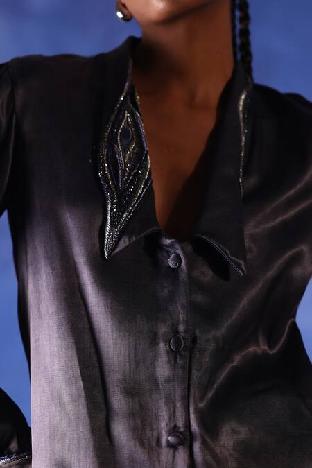 Buy Orthodox Blue Satin Placement Embroidery Aari Notched Collar Chelsea Shirt Online at Aza Fashions Buy_Orthodox_Blue Satin Placement Embroidery Aari Notched Collar Chelsea Shirt _Online_at_Aza_Fashions