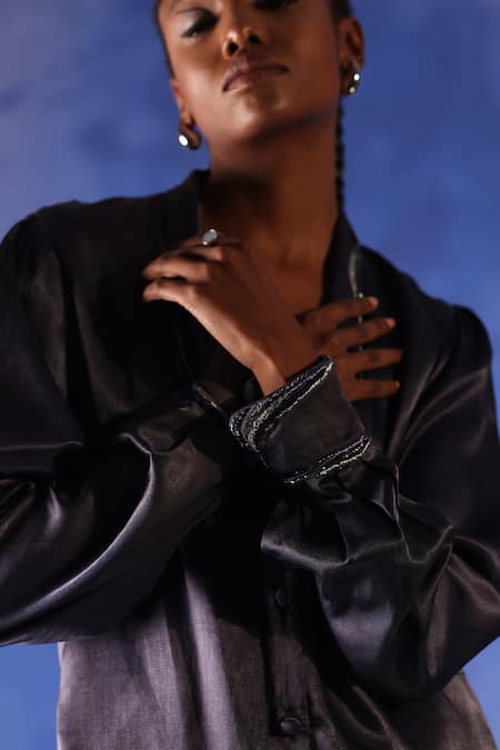 Shop Orthodox Blue Satin Placement Embroidery Aari Notched Collar Chelsea Shirt Online at Aza Fashions Shop_Orthodox_Blue Satin Placement Embroidery Aari Notched Collar Chelsea Shirt _Online_at_Aza_Fashions