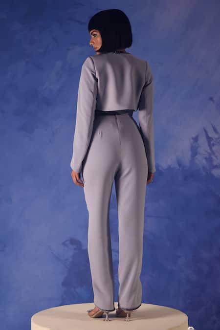 Shop Orthodox Grey Banana Crepe Placement Embroidery Aari Asymmetric Seraphina Cropped Blazer at Aza Fashions Shop_Orthodox_Grey Banana Crepe Placement Embroidery Aari Asymmetric Seraphina Cropped Blazer _at_Aza_Fashions