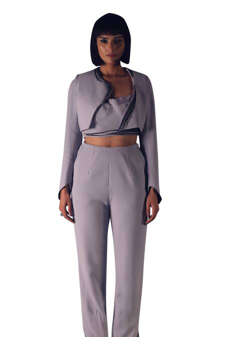 Orthodox Grey Banana Crepe Placement Embroidery Aari Asymmetric Seraphina Cropped Blazer Online at Aza Fashions Orthodox_Grey Banana Crepe Placement Embroidery Aari Asymmetric Seraphina Cropped Blazer _Online_at_Aza_Fashions