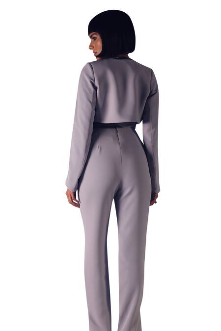 Orthodox Grey Banana Crepe Placement Embroidery Aari Asymmetric Seraphina Cropped Blazer at Aza Fashions Orthodox_Grey Banana Crepe Placement Embroidery Aari Asymmetric Seraphina Cropped Blazer _at_Aza_Fashions