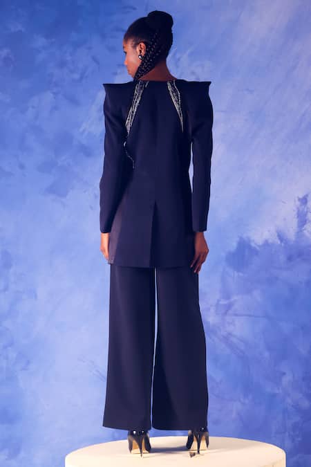 Shop Orthodox Blue Banana Crepe Placement Embroidery Aari Shawl Collar Nile Structured Blazer at Aza Fashions Shop_Orthodox_Blue Banana Crepe Placement Embroidery Aari Shawl Collar Nile Structured Blazer _at_Aza_Fashions