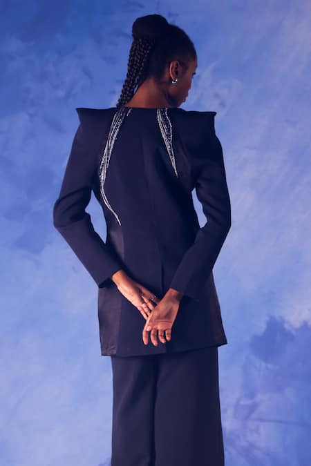 Buy Orthodox Blue Banana Crepe Placement Embroidery Aari Shawl Collar Nile Structured Blazer Buy_Orthodox_Blue Banana Crepe Placement Embroidery Aari Shawl Collar Nile Structured Blazer