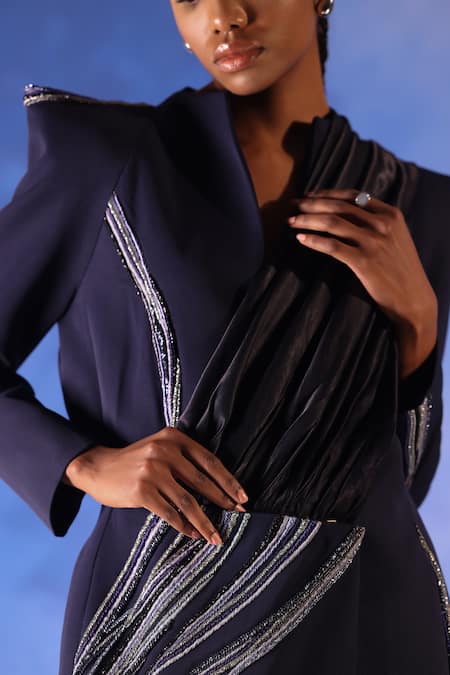 Orthodox Blue Banana Crepe Placement Embroidery Aari Stand Out Lapel Osiris Blazer Online at Aza Fashions Orthodox_Blue Banana Crepe Placement Embroidery Aari Stand Out Lapel Osiris Blazer _Online_at_Aza_Fashions